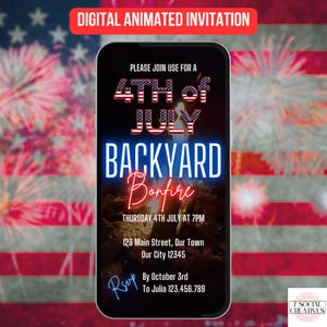 4.Juli Backyard Lagerfeuer Einladung. Digitale Einladung zum Unabhängigkeitstag mit Lagerfeuer im Hintergrund. Rot, Weiß und Blau Party eVite Template.