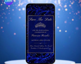Quinceañera Save The Date Invite In Royal Blue and Gold.  Digital Animated Mis Quince Años Invitation. DIY Editable Template.