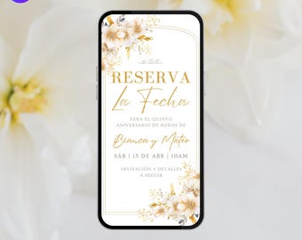 Boho Gold Reserva La Fecha Aniversario De Bodas Español. Digital blommig årsdag spara datumet inbjudan. Omedelbar nedladdning.