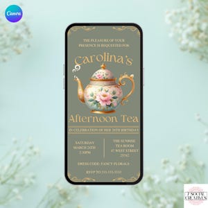 Birthday Tea Party Invitation. Digital Animated Elegant Green and Gold High Tea Invite. Girls Ladies Afternoon Tea Pot Invite. DIY Template.