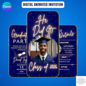 Boys Graduation Party Invite. Digital Class of 2026 Navy Blue Grad Invite Invitation. Mens College, High School Graduate DIY eVite.