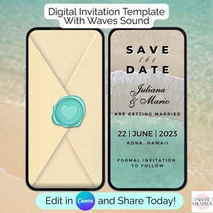 Può includere: Modello digitale di invito a nozze a tema spiaggia. Il design presenta una busta beige chiaro con un sigillo di cera turchese e uno smartphone che mostra una scheda "Save the Date" con onde oceaniche, nomi e data del matrimonio.