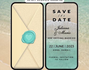 Invito Save The Date per matrimonio tropicale. Invito digitale animato con tema spiaggia e suono delle onde. Modello fai da te eVite.