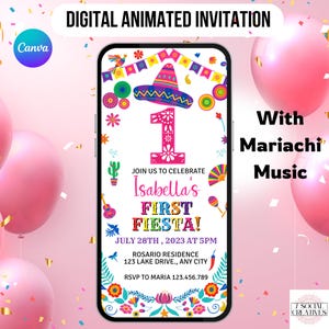 1st Fiesta Birthday Invitation. Digital Mexican Party Theme Invite. Animated with Mariachi Music for First Birthday Girl. DIY Template.