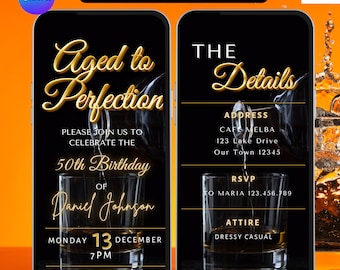 Puede incluir: Una invitación digital para una fiesta de cumpleaños número 50. La invitación presenta un vaso de whisky con el texto "Aged to Perfection" y "50th Birthday of Daniel Johnson". La invitación también incluye detalles sobre el evento, como la fecha, la hora, la ubicación y el código de vestimenta.