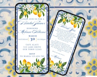 Mediterranean Bridal Shower Invite. Digital Animated Blue Tiles and Lemon Bride To Be Invite. Brunch, Lunch eVite. DIY Editable Template.