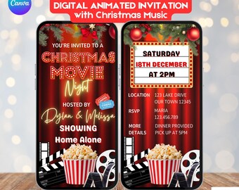 Invitación navideña de cine con música festiva. Invitación digital animada para una fiesta navideña de cine con amigos y familiares. Plantilla editable.