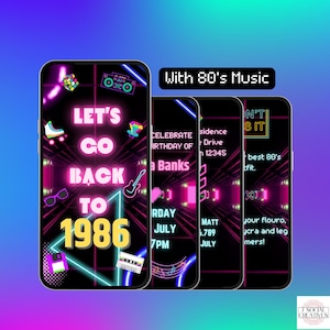 Uitnodiging voor feest uit de jaren 80.  Digitaal terug naar 1986 geanimeerde verjaardagsuitnodiging met muziek.  Neon jaren 80 retro eVite uit de jaren 80.  DIY bewerkbare sjabloon.