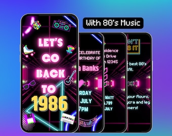 80s Party Invitation.  Digital Back To 1986 Animated Birthday Invite with Music.  Neon Eighties 1980s Retro eVite.  DIY Editable Template.