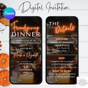 Friendsgiving Dinner Invitation.  Digital Animated Editable Modern Friends Thanksgiving Dinner Party Invite. DIY Editable Template eVite.