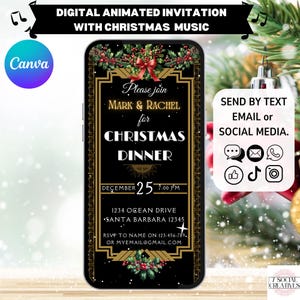 ホリデー ミュージック付きのクリスマス ディナー招待状。デジタル アニメーションのクリスマス家族または友人招待状。ブラック ゴールド eVite。DIY 編集可能テンプレート。