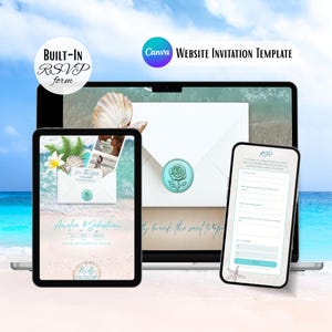 May include: A digital website invitation template displayed on a laptop, tablet, and smartphone. The design features a beach theme with a white envelope, a teal rose wax seal, and text including "Amelia & Sebastian" and "Built-In RSVP form."