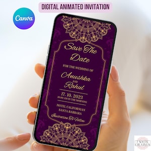 Convite digital para salvar a data de casamento indiano em roxo e dourado. Convite animado digital elegante. Modelo editável faça você mesmo. Envie por telefone.
