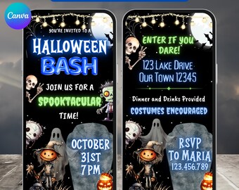 May include: Digital invitation for a Halloween bash with a spooky theme. The invitation features a black background with a tombstone, a ghost, a scarecrow, and a pumpkin. The text on the invitation reads "Halloween Bash", "Join us for a Spooktacular Time!" and "October 31st 7PM".