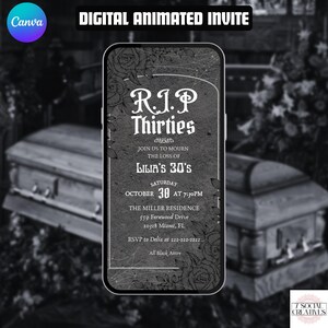 Invitación para fiesta de 40 cumpleaños de los 30. ¡Descansa en paz! Invitación digital animada de Halloween para el 40. Invitación para hombre o mujer. Plantilla editable.
