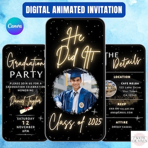 Invito alla festa di laurea per lui. Invito animato digitale per laureati della classe 2025. Invito elettronico per ragazzi o uomini per college o scuole superiori. Modello fai da te.