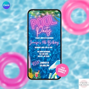 May include: A smartphone screen shows a pool party invitation with neon pink text. The invitation is for Jennifer's 16th birthday, with the date and time displayed. A pink inflatable ring is in the background. The invitation includes a "Free Summer Bundle" offer.