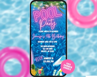 Pool Party Birthday Invitation Video. Neon Pink Teen or Kids Girls Tropical Summer Invite.  DIY Editable Canva Template. Send by Phone.