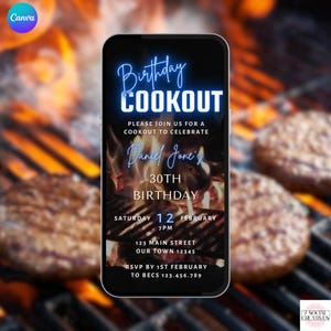 Birthday Cookout Invitation in Blue. Digital Backyard Summer Chill and Grill Party Invite. DIY Editable Template eVite. Send by Phone.