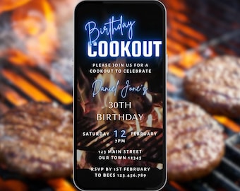 Birthday Cookout Invitation in Blue. Digital Backyard Summer Chill and Grill Party Invite. DIY Editable Template eVite. Send by Phone.