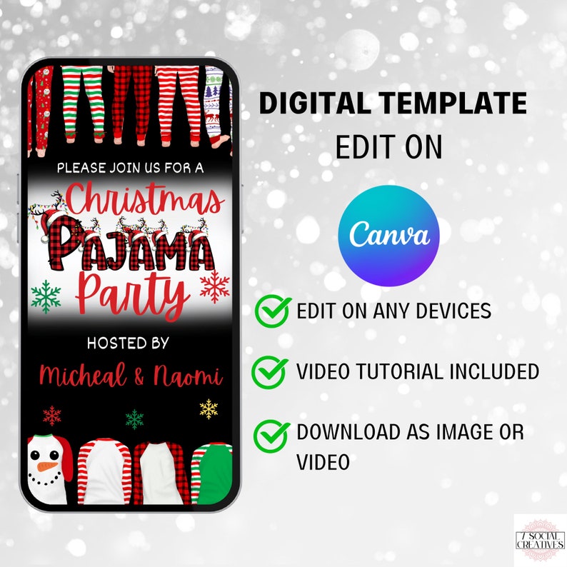 Puede incluir: Una plantilla digital para una invitaci&oacute;n a una fiesta de pijamas de Navidad. La plantilla presenta un fondo negro con cuadros rojos y blancos, copos de nieve y un mu&ntilde;eco de nieve. El texto "Por favor, &uacute;nase a nosotros para una fiesta de pijamas de Navidad" se muestra en blanco con acentos rojos y verdes. El texto "Organizado por Micheal & Naomi" se muestra en blanco debajo de la informaci&oacute;n de la fiesta. La plantilla es editable en Canva y se puede descargar como imagen o video.