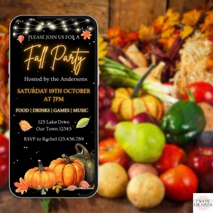 May include: A digital invitation for a fall party with a black background and a glowing gold text that says "Fall Party". The invitation includes details about the party, such as the date, time, location, and RSVP information. The image also features a pair of pumpkins and fall leaves.