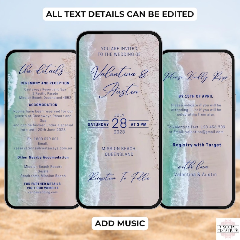 Destination Wedding Invitation. Digital Animated Beach Tropical Wedding Invite with Waves. DIY Editable Template. image 2