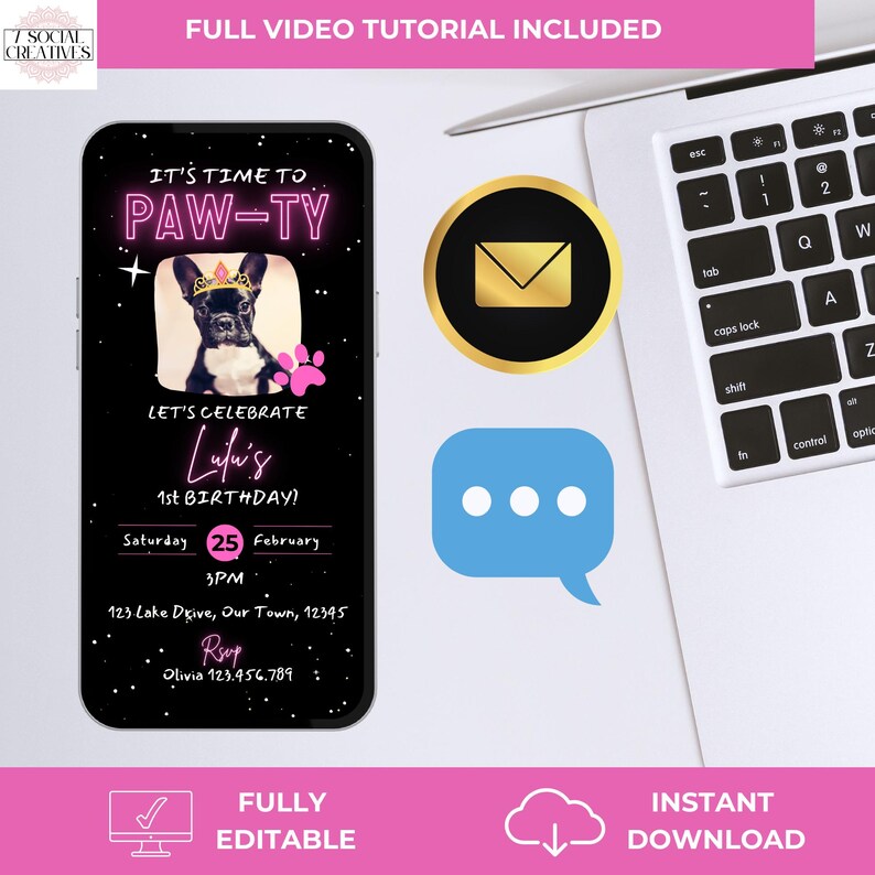 Dog Birthday Invite. Digital Animated Dog Party Black and Pink Invitation. Fun Puppy Friends eVite. DIY Editable Template. image 5