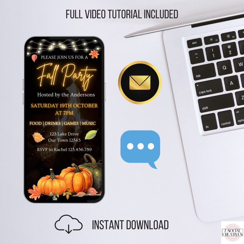 May include: A digital invitation for a fall party with a rustic background featuring pumpkins, leaves, and a campfire. The text reads "Please join us for a Fall Party" and includes the date, time, and location of the event. The invitation also includes contact information for RSVP.