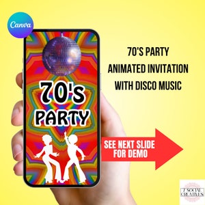 Invitación a fiesta de los años 70. Video de invitación de cumpleaños con temática retro divertida. Perfecta para fiestas de disfraces. Celebra la era disco. Plantilla editable.