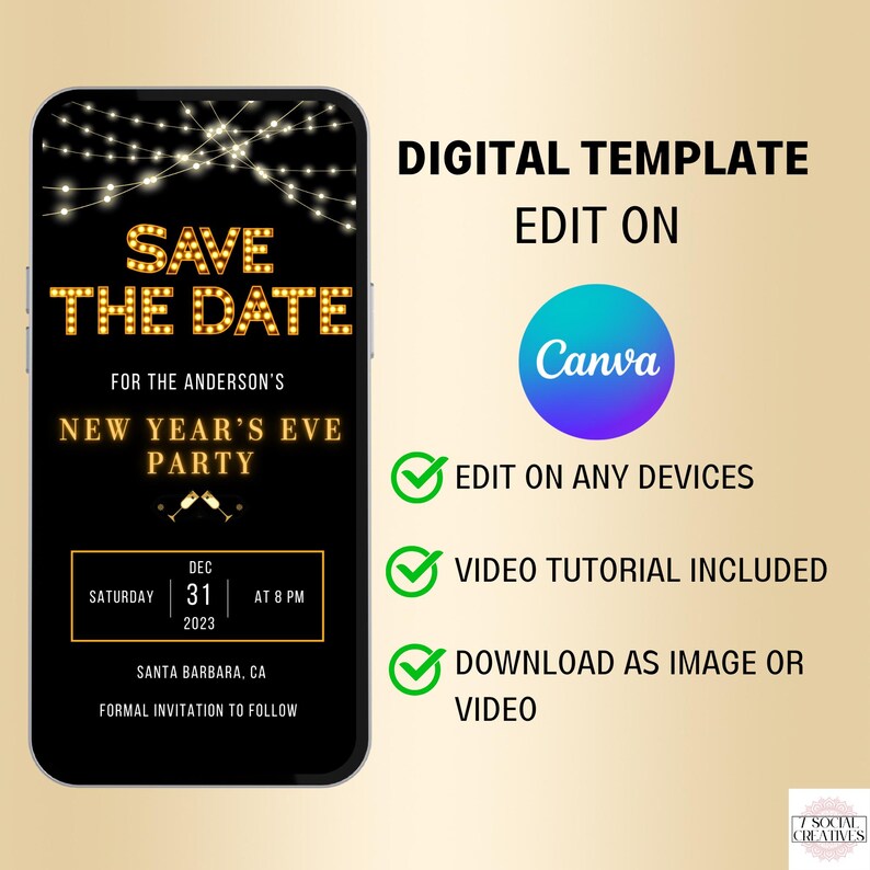 Pu&ograve; includere: Un modello digitale per un invito a una festa di Capodanno. Il modello presenta uno sfondo nero con testo dorato che dice "Save the Date" e "New Year's Eve Party". La data e l'ora della festa sono indicate come "Sabato 31 dicembre 2023 alle 20:00". La posizione &egrave; indicata come "Santa Barbara, CA". Il modello include anche una nota che indica che seguir&agrave; un invito formale.