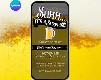 Surprise Birthday Beer Invitation. Digital Animated Cheers and Beers Mens Invite. Drinks Bar Party eVite for Him. DIY Editable Template.