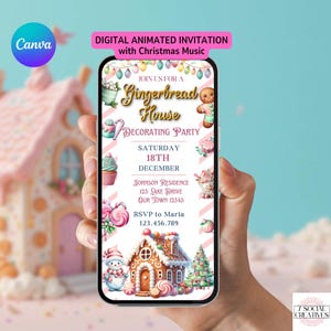 Gingerbread House Decorating Party Invitation with Music. Digital Animated Adult or Kids Ginger Bread House Invite. DIY Editable Template.