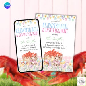May include: An invitation for a Crawfish Boil & Easter Egg Hunt, displayed on a smartphone and a printed card. The design features a watercolor illustration of crawfish, a bunny, and floral elements. The text includes event details.