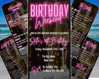 Birthday Weekend Itinerary Invitation. Digital Pink and Champagne Theme Girls Trip Invite. Vacation Holiday Planner eVite. DIY Template.