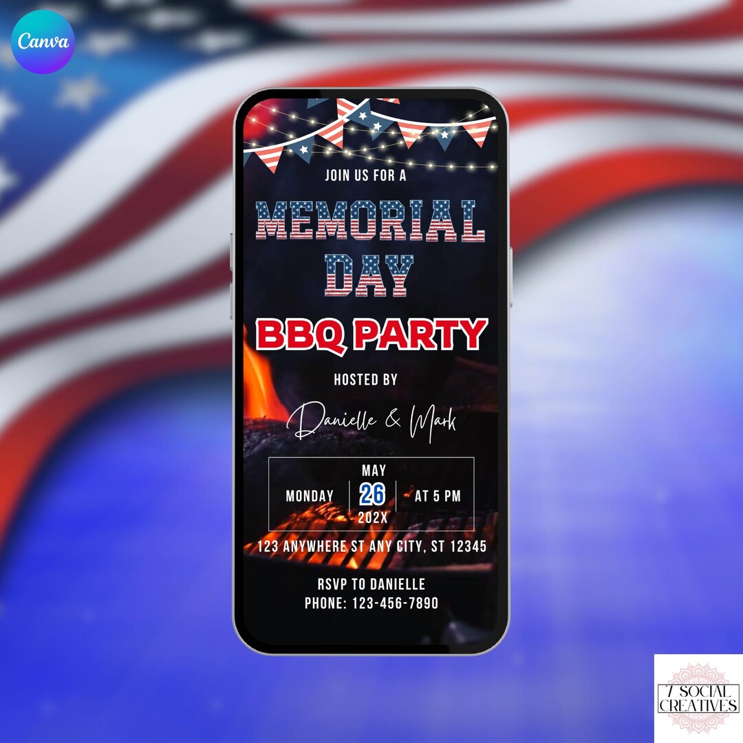 Memorial Day BBQ Invite. Digital Animated Backyard Red White and Blue ...