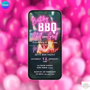 Digital Birthday BBQ Chill and Grill Invitation. Animated Barbeque Party Invite in Neon Pink. Ladies Rustic eVite. DIY Editable Template.