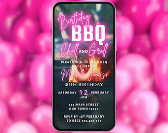 Digital Birthday BBQ Chill and Grill Invitation. Animated Barbeque Party Invite in Neon Pink. Ladies Rustic eVite. DIY Editable Template.