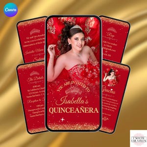 Red Quinceañera Birthday Invitation with Photo. Digital Mis Quince Anos Invite. Elegant 15th Party eVite. DIY Editable Canva Template.
