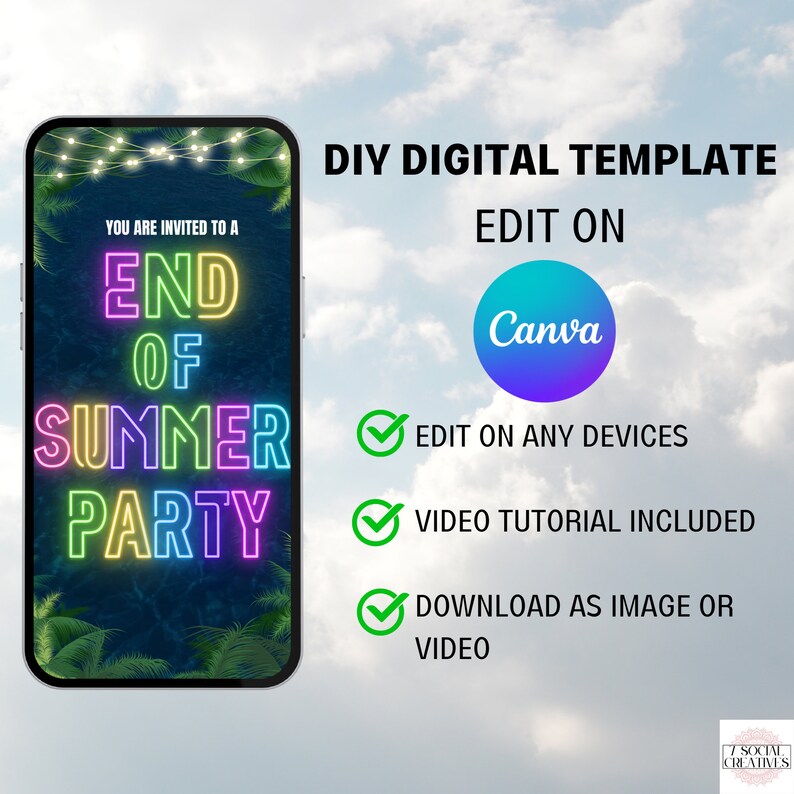 Op de afbeelding: Een digitaal sjabloon voor een uitnodiging voor een einde-zomerfeest. Het sjabloon bevat een neonbord met de tekst "U bent uitgenodigd voor een einde-zomerfeest". Het sjabloon kan worden bewerkt in Canva en gedownload als afbeelding of video.