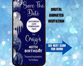 Blue Party Save the Date. Digital Animated Cobalt and Silver Balloon Birthday or Event Save The Date For Him or Her.  DIY Editable Template.