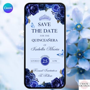 Quinceañera Save The Date Invitation Cobalt Blue. Digital Mis Quince Anos 15th Birthday Party Celebration Invite. DIY Editable Template.