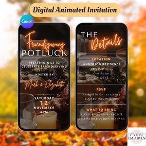 Friendsgiving Potluck Dinner Invitation. Digital Animated Fall Friends Thanksgiving Dinner Party Invite. Thanks Giving DIY Editable Template