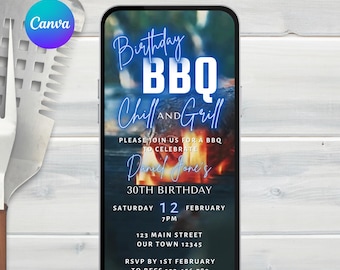 May include: A digital invitation for a birthday BBQ and chill grill. The invitation features a photo of a bonfire with blue neon text that reads "Birthday BBQ Chill and Grill". The text also includes the name "Daniel Jones", the date "Saturday, February 12th", the time "7 PM", the address "123 Main Street, Our Town 12345", and the RSVP information.