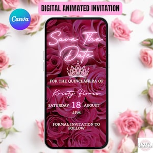 Invito Save The Date per la festa di Quinceañera in rosa floreale e neon. Invito animato digitale per la festa di Quince Años. Modello modificabile fai da te. Invia tramite telefono