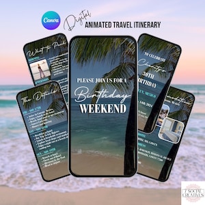 Digitale Vorlage für den Reiseplan. Animierte tropische Wochenend-Planer-Einladung. Urlaub Herunterladbare einladen. Bearbeitbare Geburtstagsvorlage.