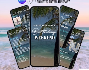 Digital Beach Itinerary Template. Animated Tropical Weekend Planner Invitation. Holiday Downloadable Invite. Editable Birthday Template.