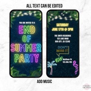 Op de afbeelding: Een digitale uitnodiging voor een einde-zomerfeest met neontekst en een tropische achtergrond. De uitnodiging bevat de datum, tijd, locatie en RSVP-informatie. De tekst luidt "U bent uitgenodigd voor een einde-zomerfeest", "Zaterdag 17 juni om 15:00 uur", "The Smith Residence, 123 Lake Road, Our City, CA 12345", "Mis het niet", "RSVP Matthew TO 123.456.789".