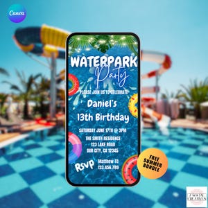 Inbjudan till födelsedag för vattenpark. Digital inbjudan till vattenparksfest. E-postmeddelande med vattenrutschkana för pojkar eller flickor. Redigerbar mall för gör-det-själv för barn eller tonåringar.