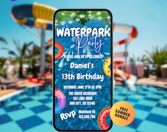 May include: A smartphone screen displays a vibrant invitation for a waterpark party. The design features the text "Waterpark Party" and "Daniel's 13th Birthday." Colorful inflatable rings and a summer bundle graphic are also included. The background shows a waterpark.
